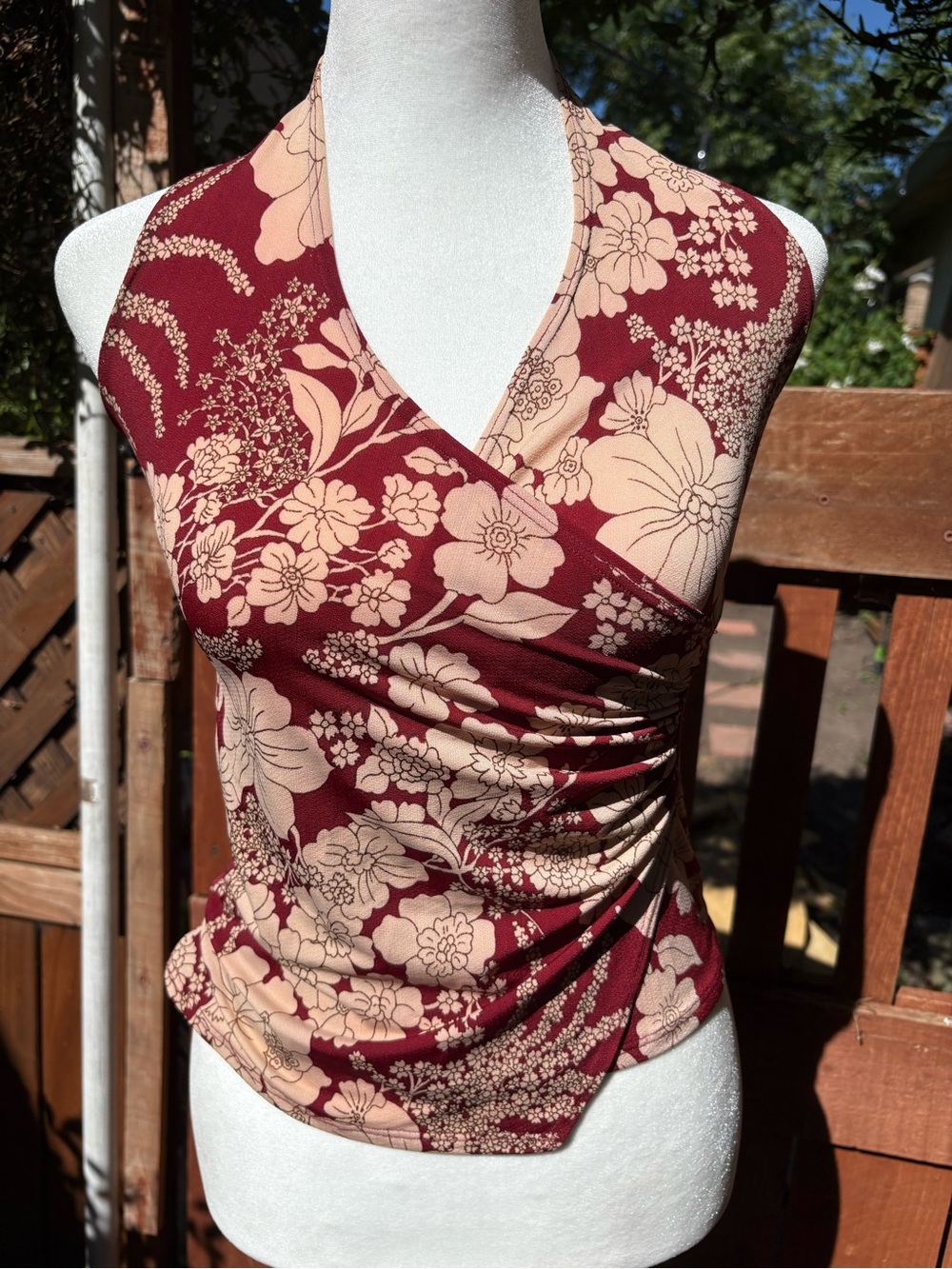 Y2K Burgundy Floral Halter Top Ruched Wrap Tank Small